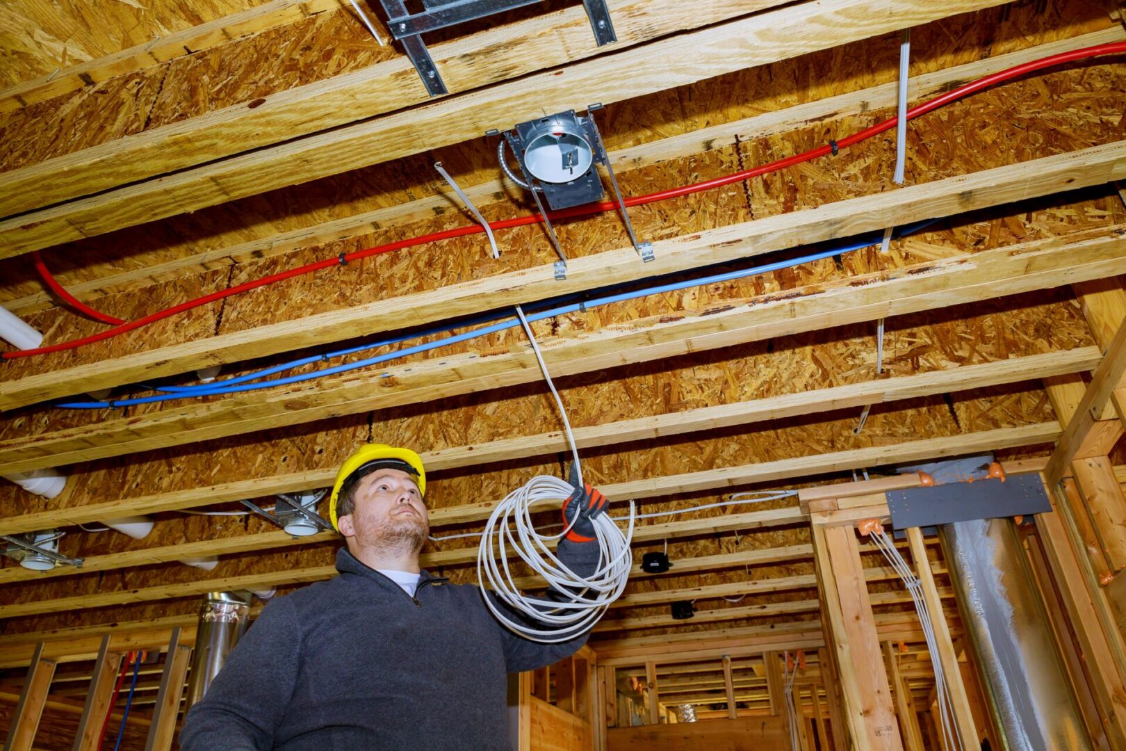 Licensed contractor installing electrical wiring and lighting circuits for a commercial tenant buildout