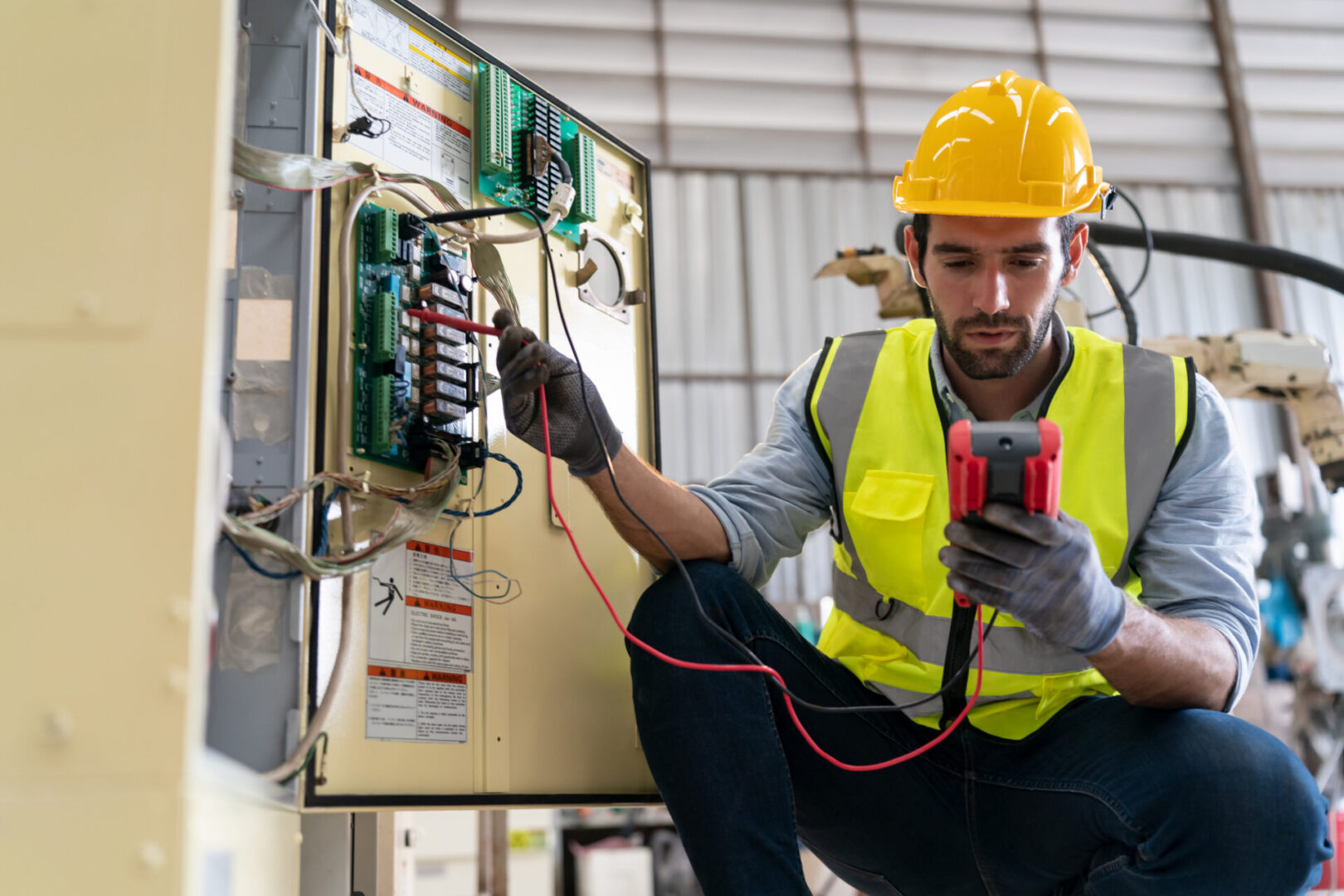 Commercial electrician testing electrical panel capacity and voltage during fall electrical maintenance review